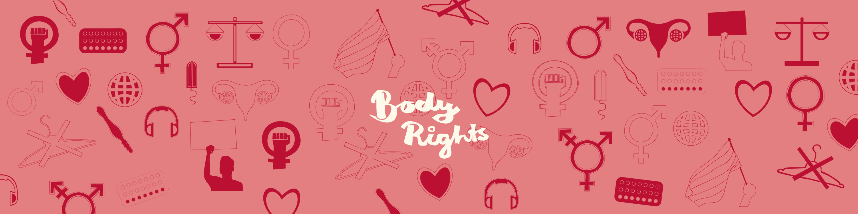 Olika symboler för feminism och jämlikhet och texten "body rights" 