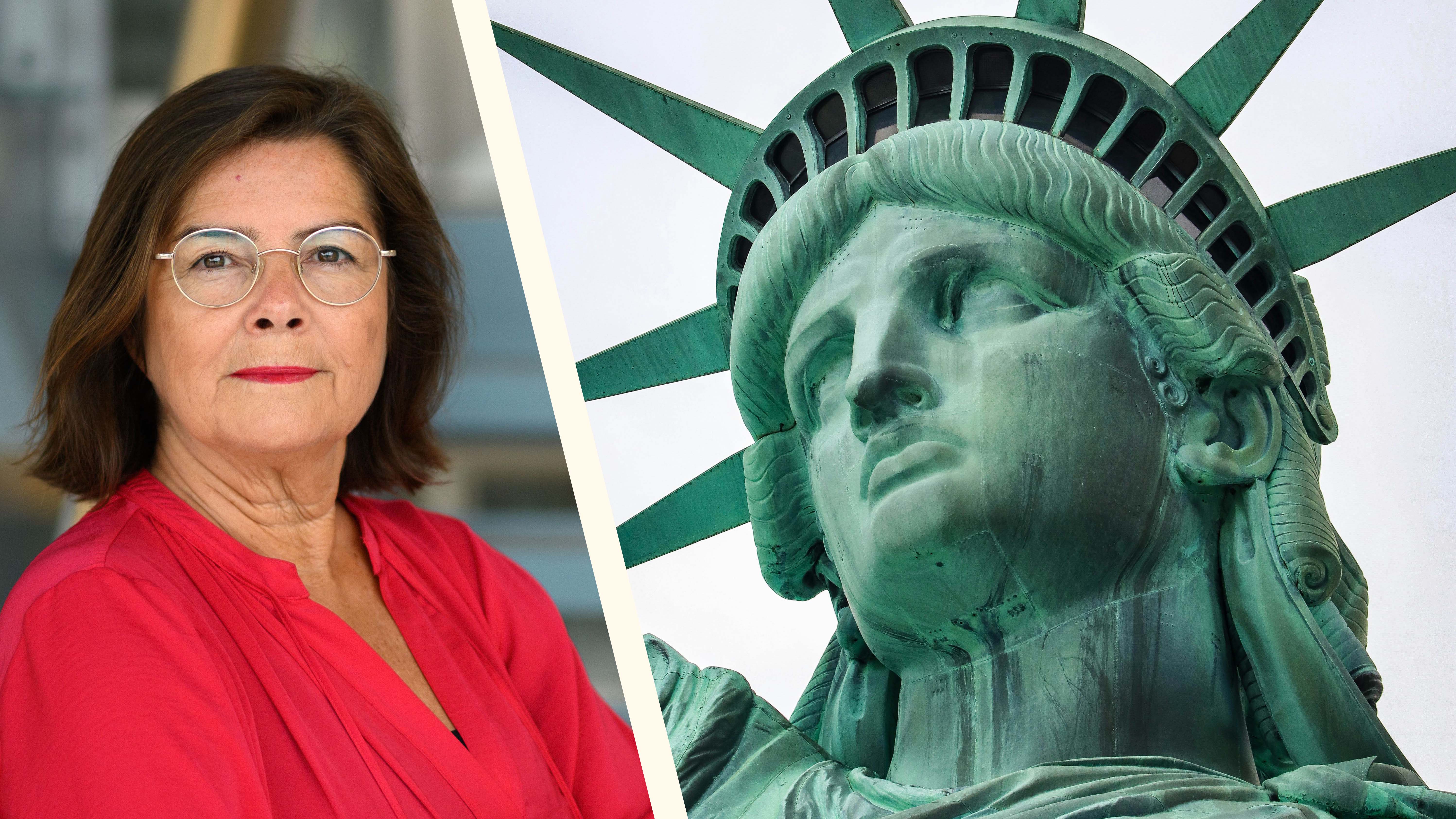 Bildcollage, porträttbild på RFSU:s generalsekreterare Ingela Holmertz och frihetsgudinnan i USA 
