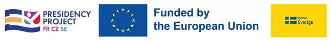 Tre logotyper på rad. 1. Presidency projekt FR CZ SE. 2. EU-flagga och texten "Funded by the Europeans Union". 3. Svensk flagga på gul bakgrund och texten "Sweden Sverige".  