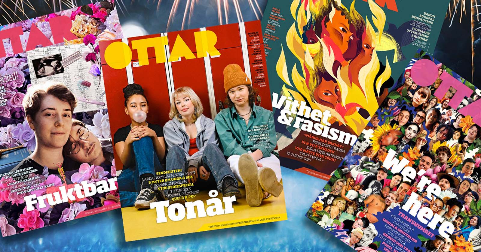 Collage med fyra omslag av tidningen Ottar. 