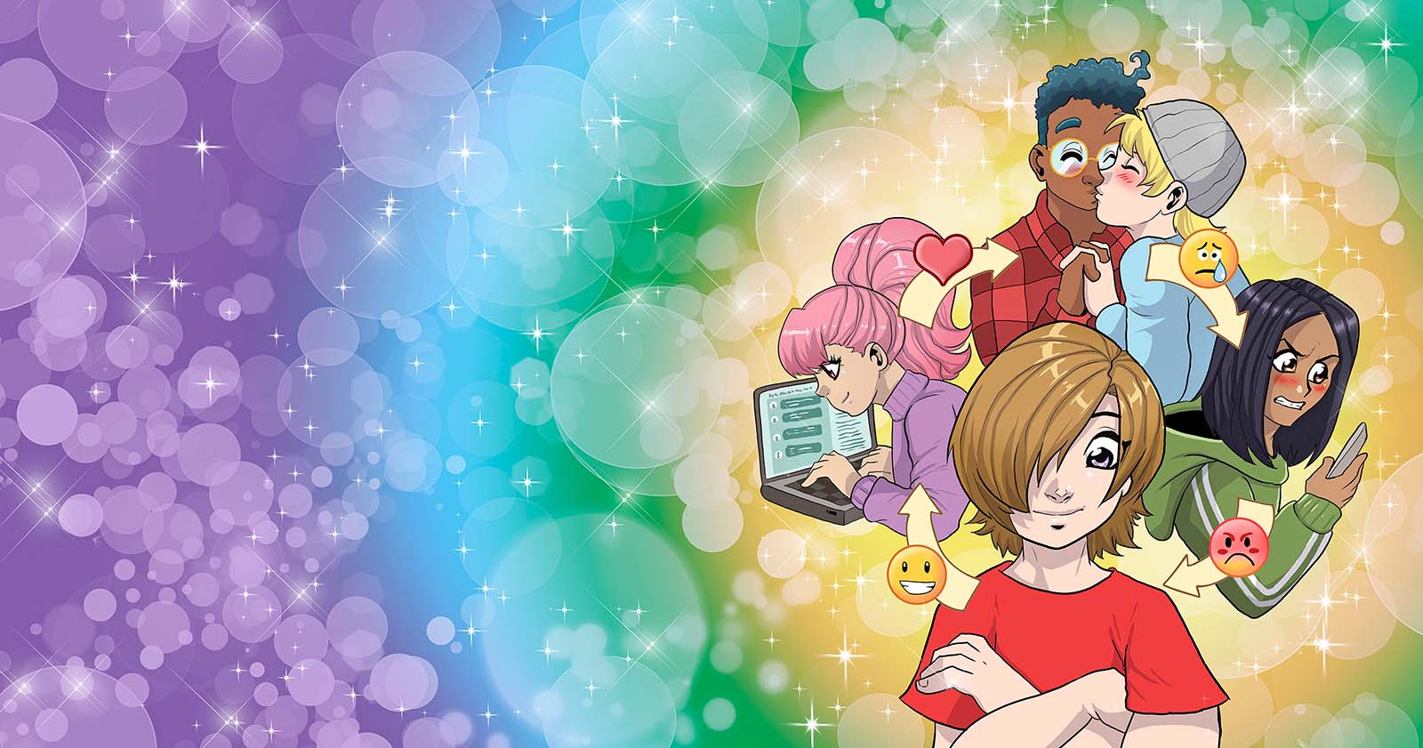 En illustration ur tidningen Wow. Olika unga personer som ser glada ut, ledsna ut och som pussas. 