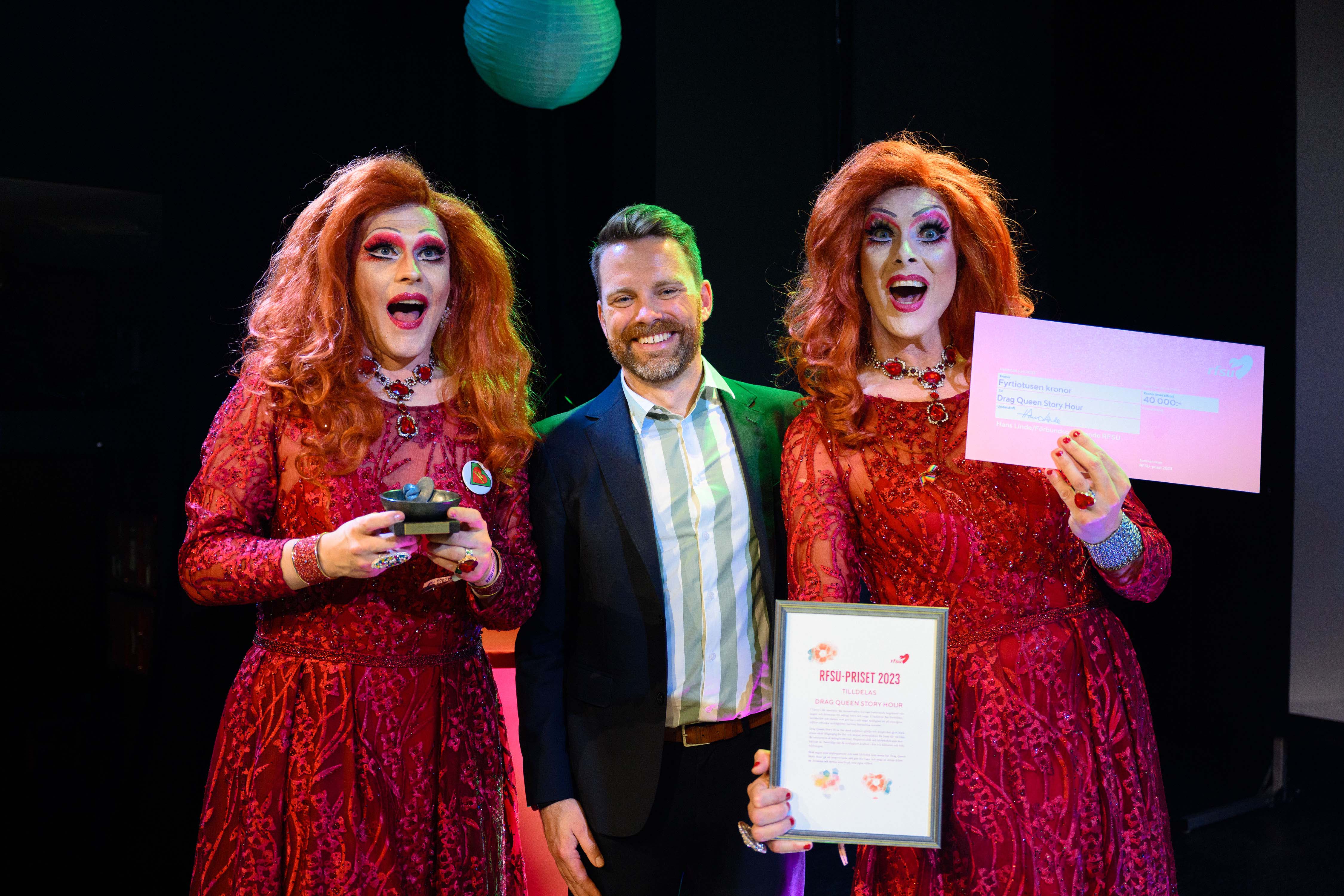 Drag Queen Story Hour i röda klänningar bredvid Hans Linde, RFSU:s fd förbundsordförande. Pristagarna håller upp prispokal, ett diplom och en check med prissumman på 40 000 kronor, foto. 