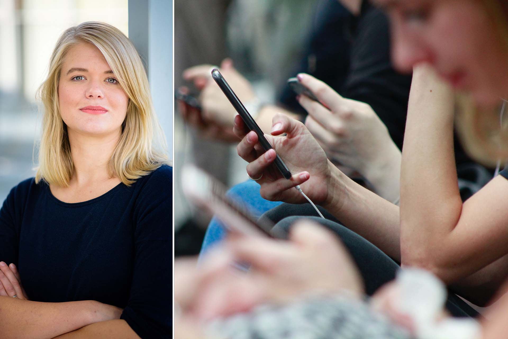 Collage. Till höger, en hand som håller i en mobiltelefon. Till vänster, RFSU:s sexualupplysare Kerstin Isaxon 